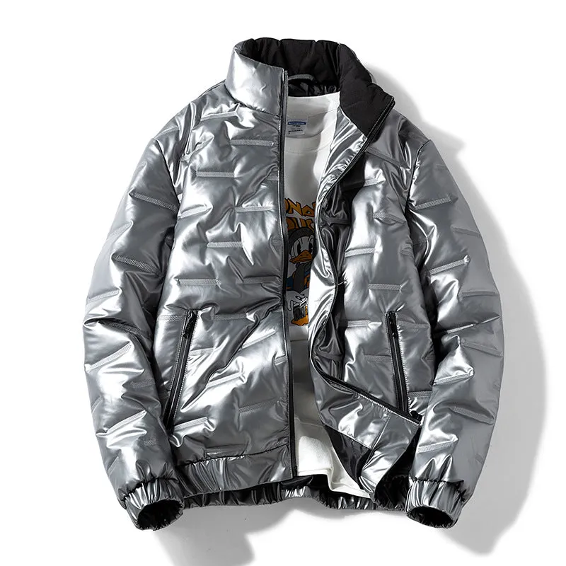 Plus-size women's shiny thick cotton winter coat in black cardigan style with side pockets and slim fit