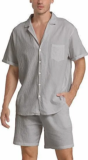 Men's flax fabric sports shorts suit with short-sleeved top and matching shorts