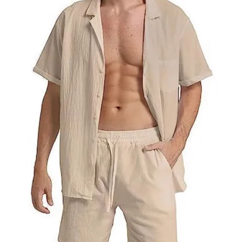 Men's flax fabric sports shorts suit with short-sleeved top and matching shorts