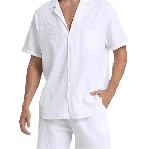 Men's flax fabric sports shorts suit with short-sleeved top and matching shorts