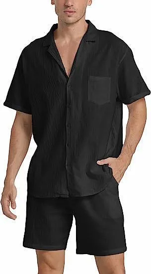 Men's flax fabric sports shorts suit with short-sleeved top and matching shorts