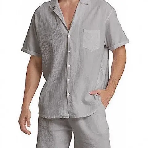 Men's flax fabric sports shorts suit with short-sleeved top and matching shorts
