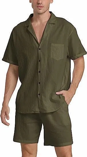 Men's flax fabric sports shorts suit with short-sleeved top and matching shorts