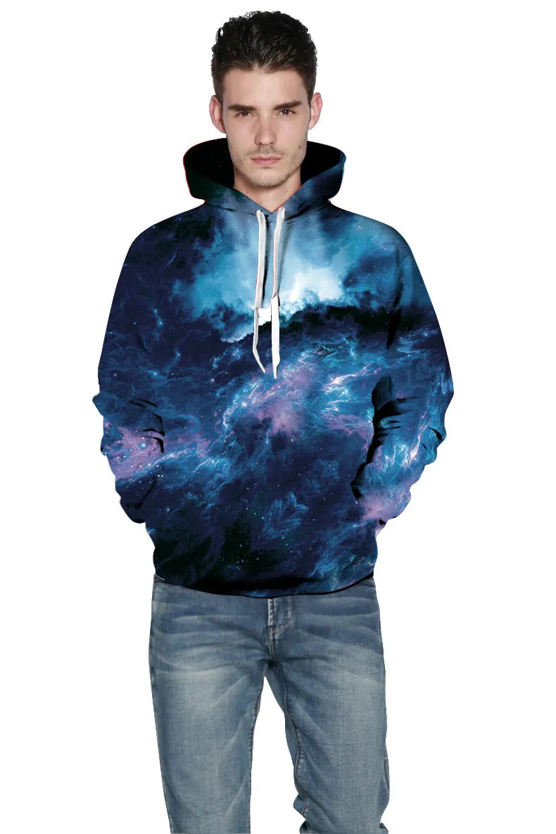 Deep Blue Galaxy Hoodie in polyester spandex blend, front view, deep blue colour with galaxy pattern