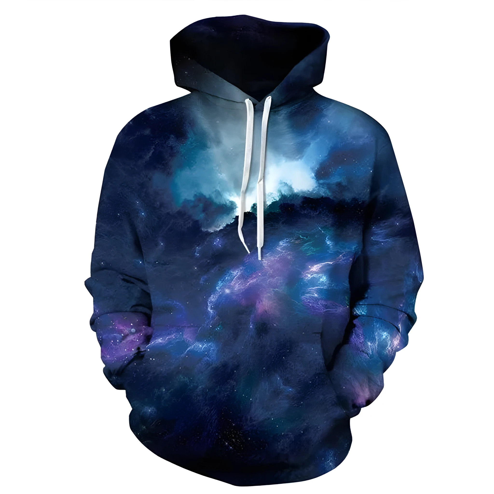 Deep Blue Galaxy Hoodie in polyester spandex blend, front view, deep blue colour with galaxy pattern