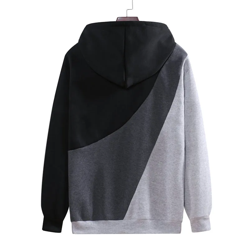 Men's casual loose hooded pullover sweater with geometric colour-block pattern in blue and white