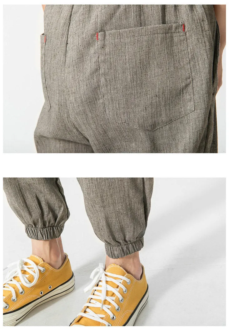 Men's cotton linen harem trousers in beige, shown with elastic waistband and tapered legs, available in multiple sizes and colours