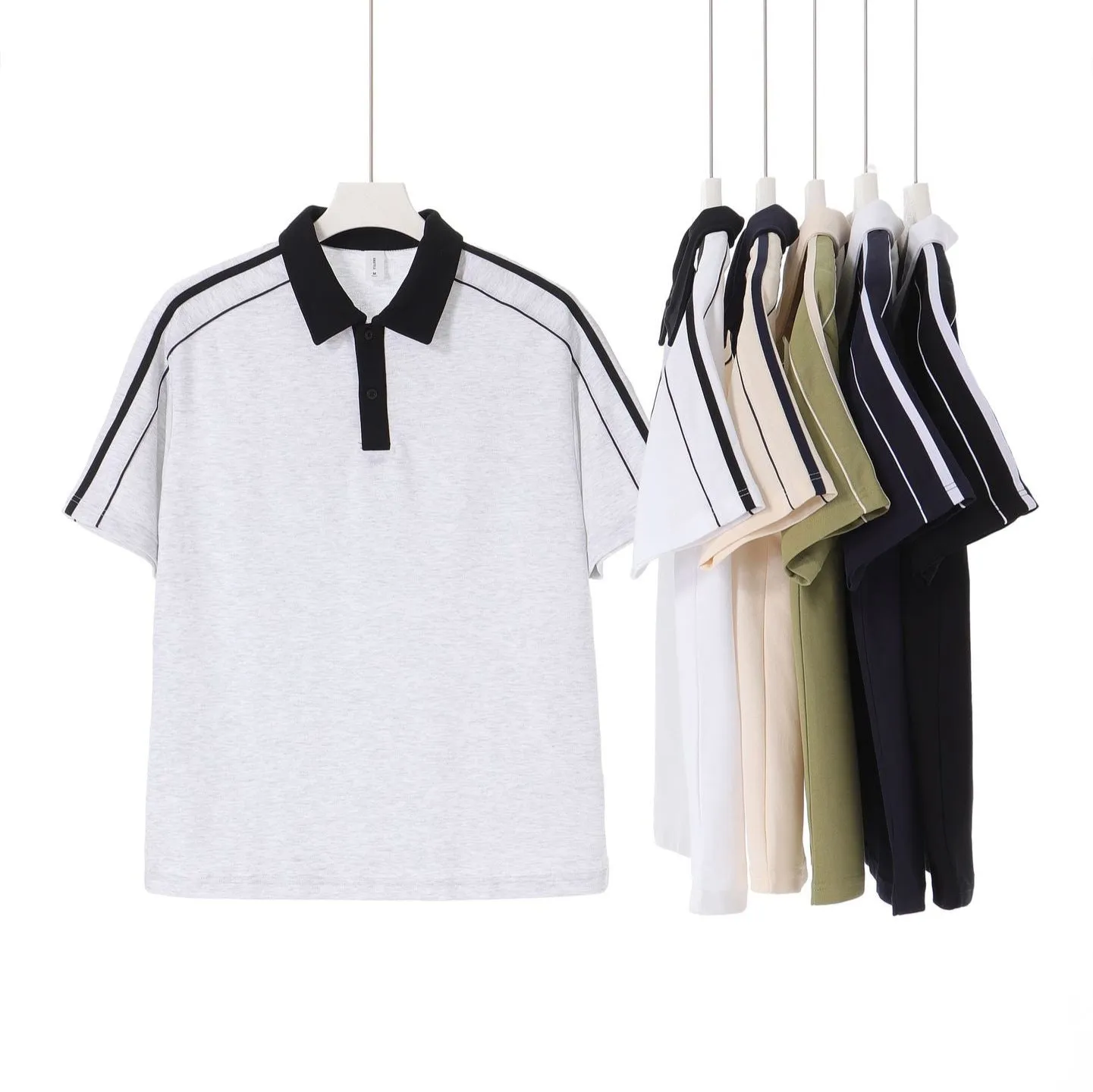 Casual lapel short sleeve polo shirt in cotton blend with drop shoulder loose fit