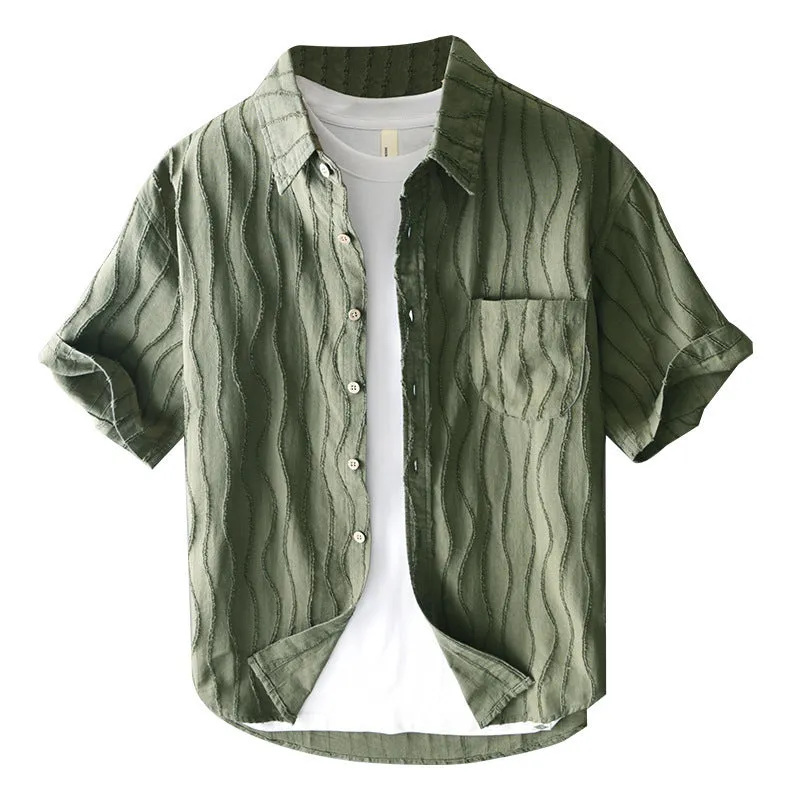 Men's apricot pure cotton loose short sleeve casual shirt on a hanger