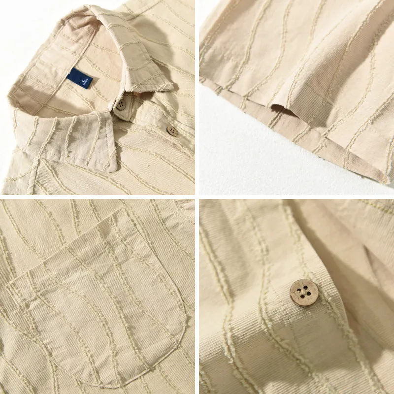 Men's apricot pure cotton loose short sleeve casual shirt on a hanger