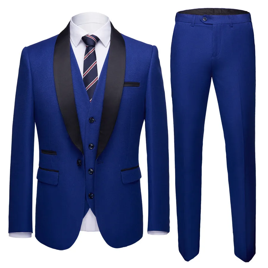 Men's three-piece business casual suit in blue with notched lapel and single-row buttons