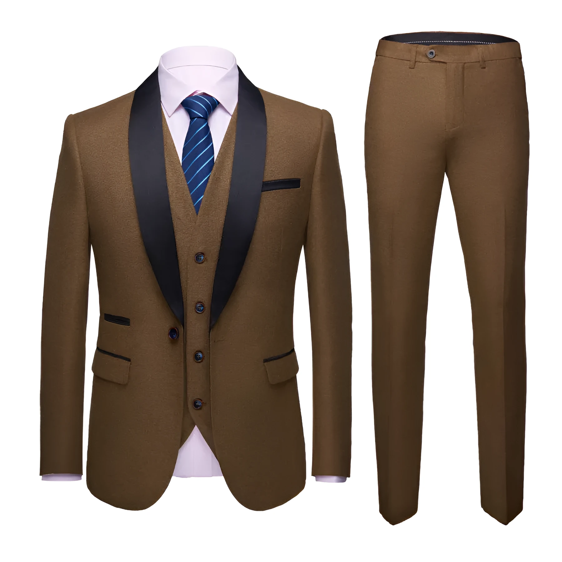 Men's three-piece business casual suit in blue with notched lapel and single-row buttons
