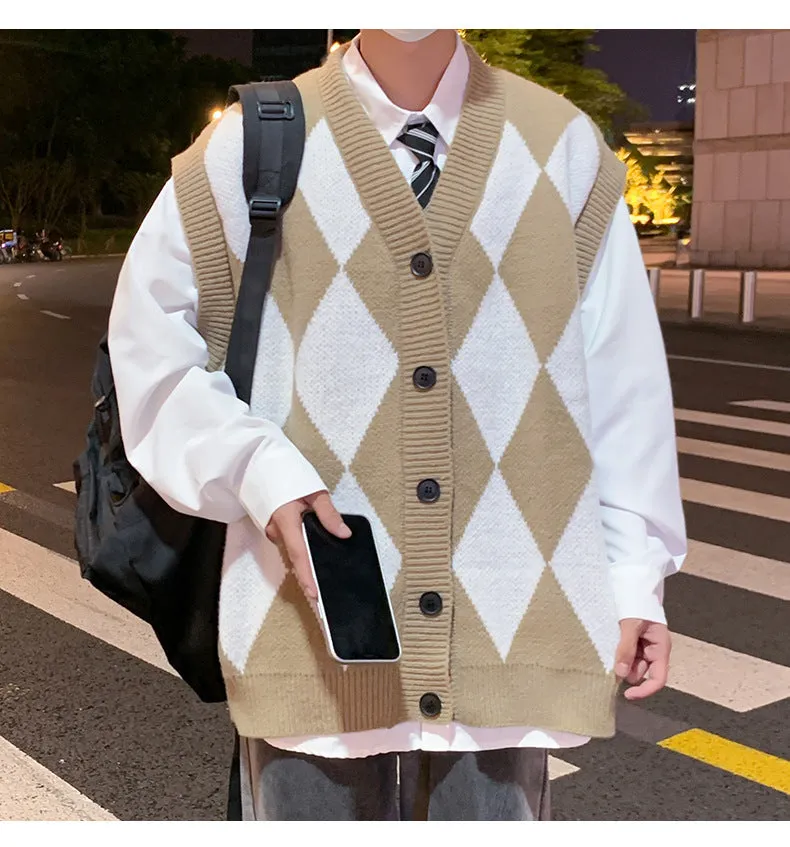Men's V-neck cardigan sweater vest in solid colour, loose fit, sleeveless, spring autumn leisure wear