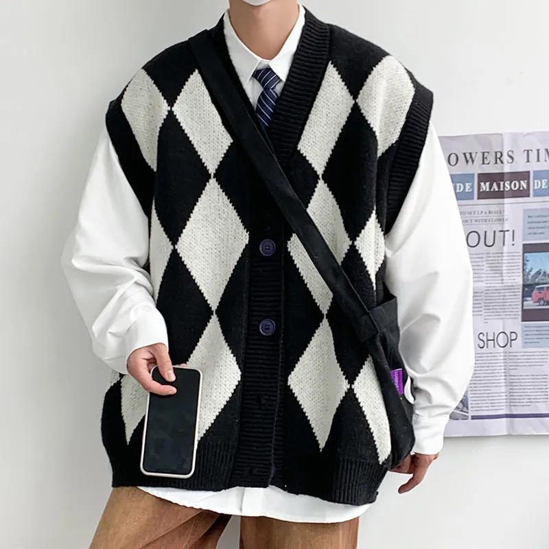 Men's V-neck cardigan sweater vest in solid colour, loose fit, sleeveless, spring autumn leisure wear