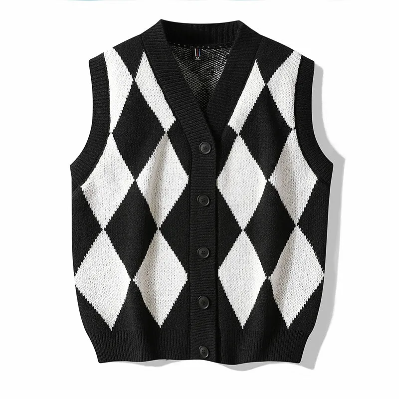 Men's V-neck cardigan sweater vest in solid colour, loose fit, sleeveless, spring autumn leisure wear