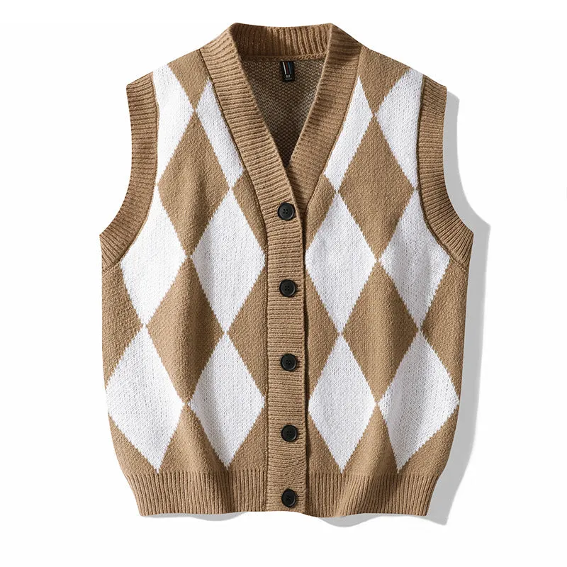 Men's V-neck cardigan sweater vest in solid colour, loose fit, sleeveless, spring autumn leisure wear