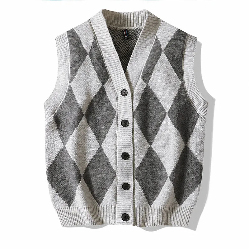 Men's V-neck cardigan sweater vest in solid colour, loose fit, sleeveless, spring autumn leisure wear