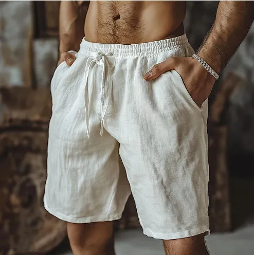 Men's cotton linen blend casual shorts in straight leg British style with fifth pants length