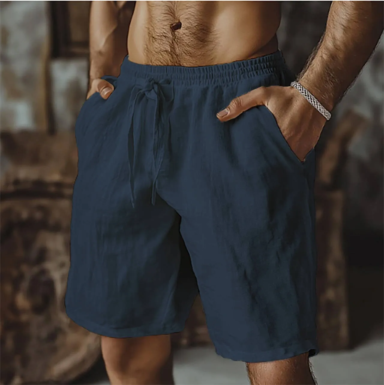Men's cotton linen blend casual shorts in straight leg British style with fifth pants length