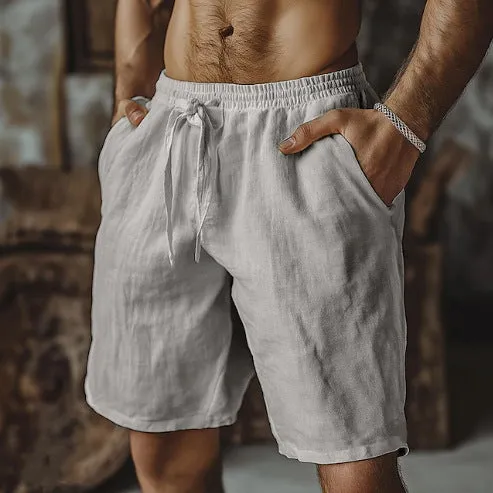 Men's cotton linen blend casual shorts in straight leg British style with fifth pants length