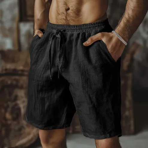 Men's cotton linen blend casual shorts in straight leg British style with fifth pants length