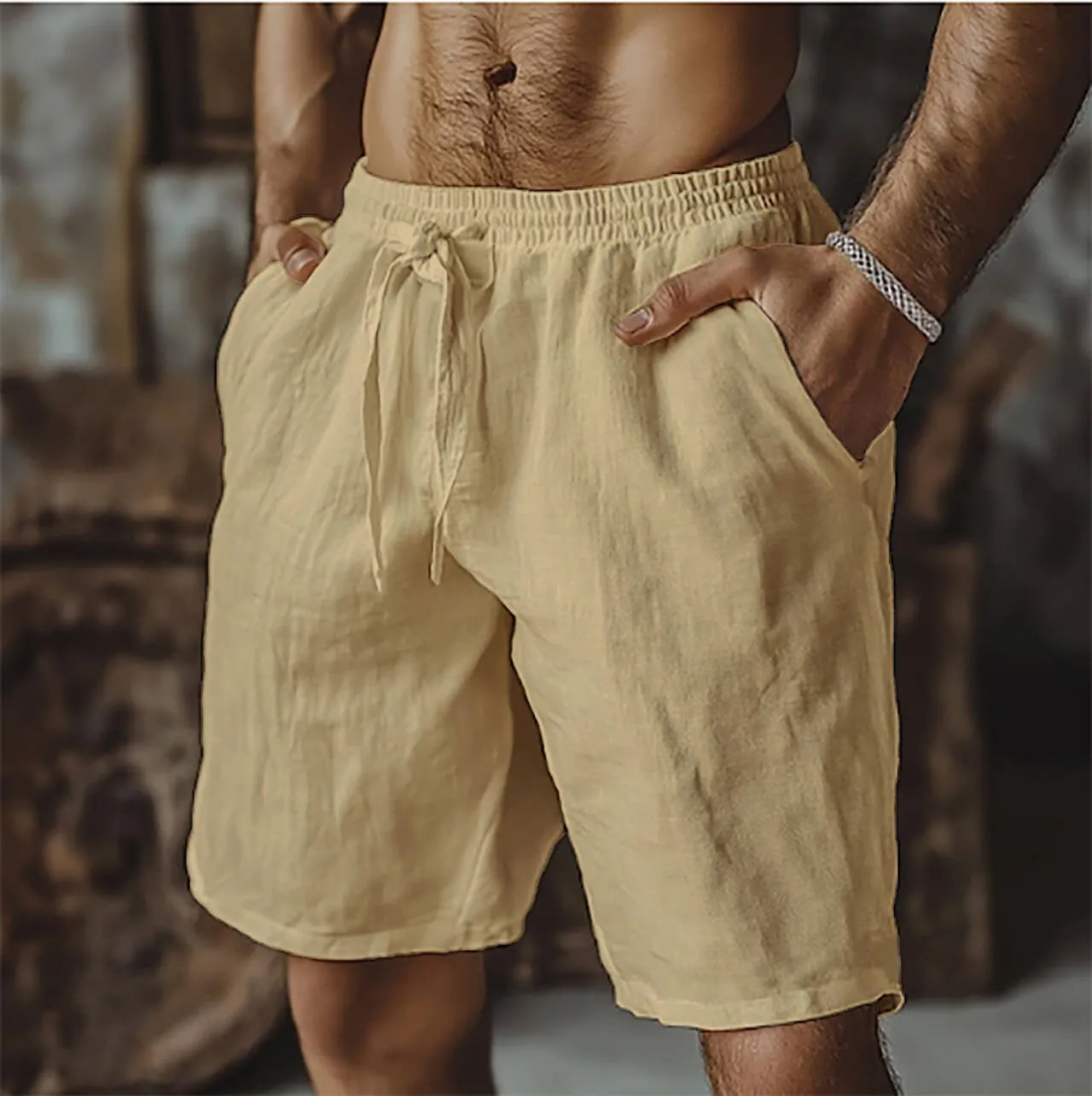 Men's cotton linen blend casual shorts in straight leg British style with fifth pants length