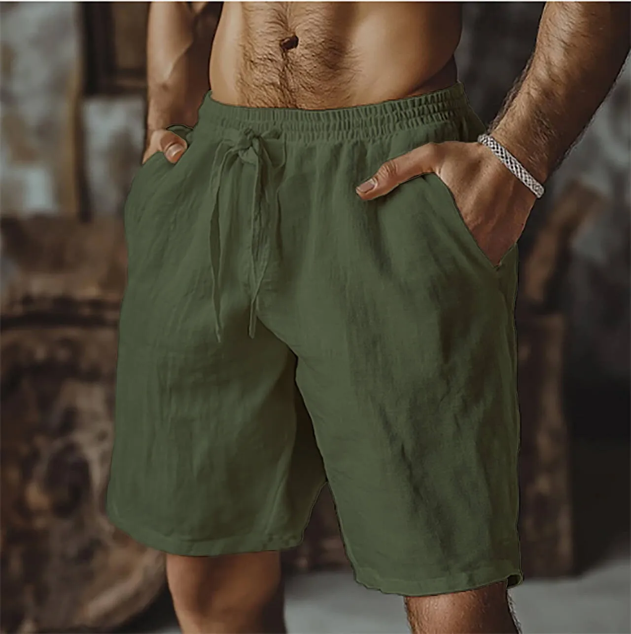 Men's cotton linen blend casual shorts in straight leg British style with fifth pants length