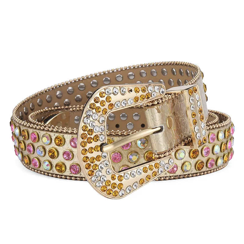 Alloy belt with punk rock rivet and rhinestone detailing on imitation leather strap