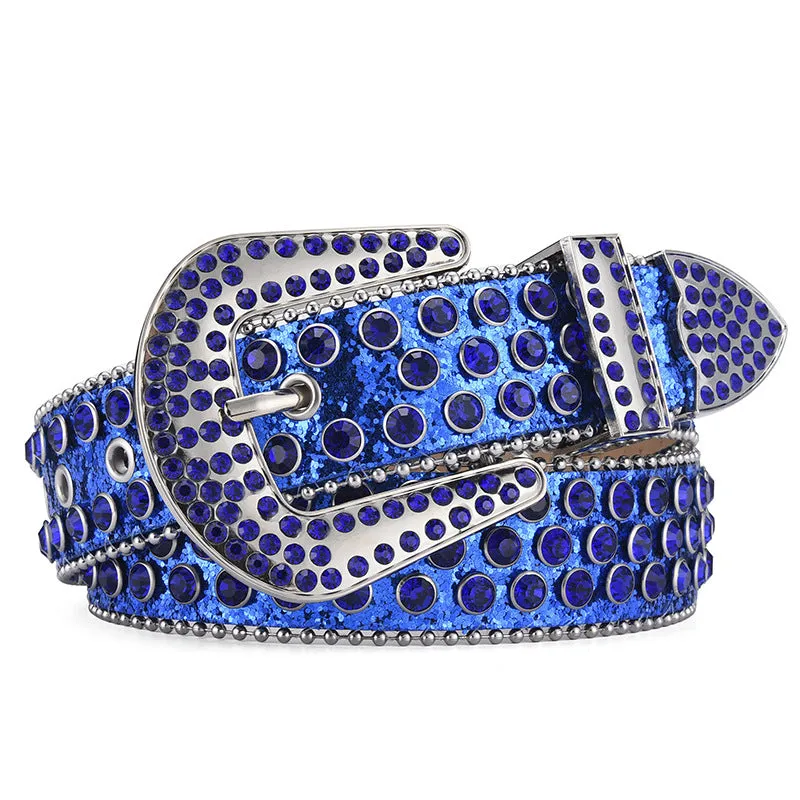 Alloy belt with punk rock rivet and rhinestone detailing on imitation leather strap