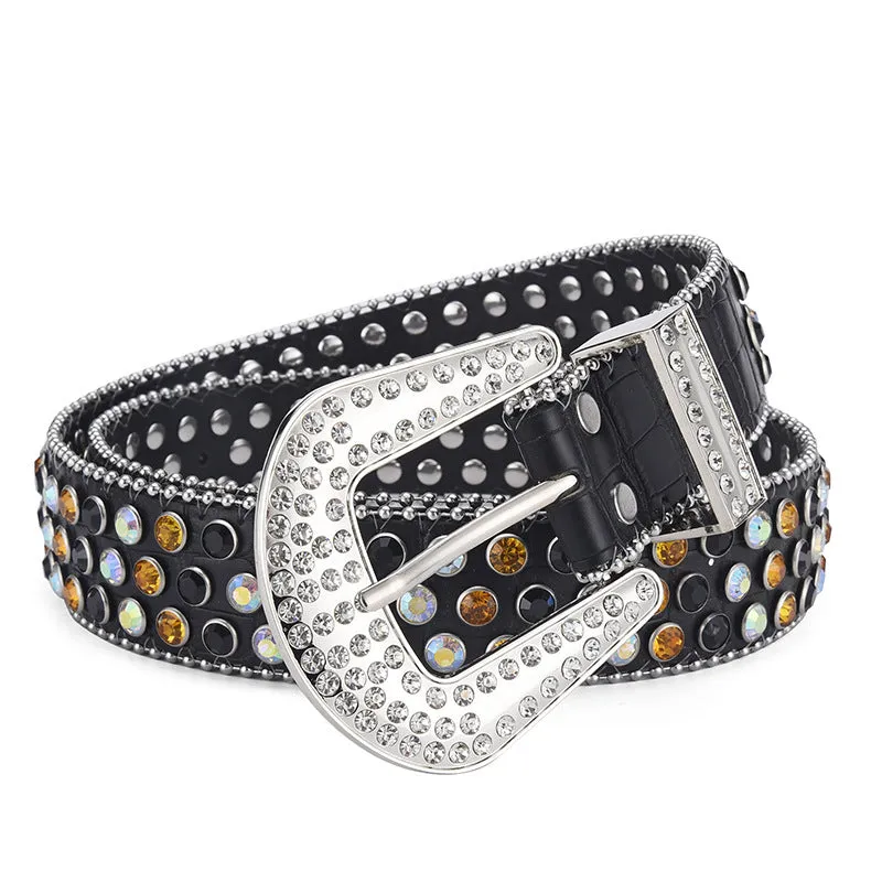 Alloy belt with punk rock rivet and rhinestone detailing on imitation leather strap