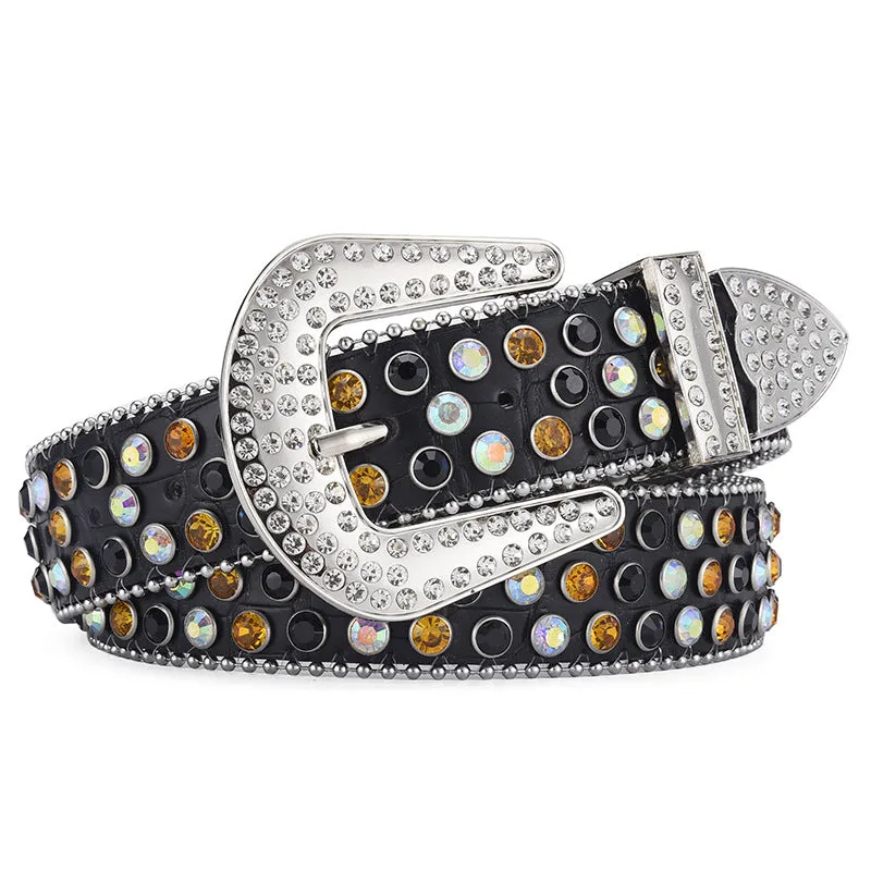 Alloy belt with punk rock rivet and rhinestone detailing on imitation leather strap