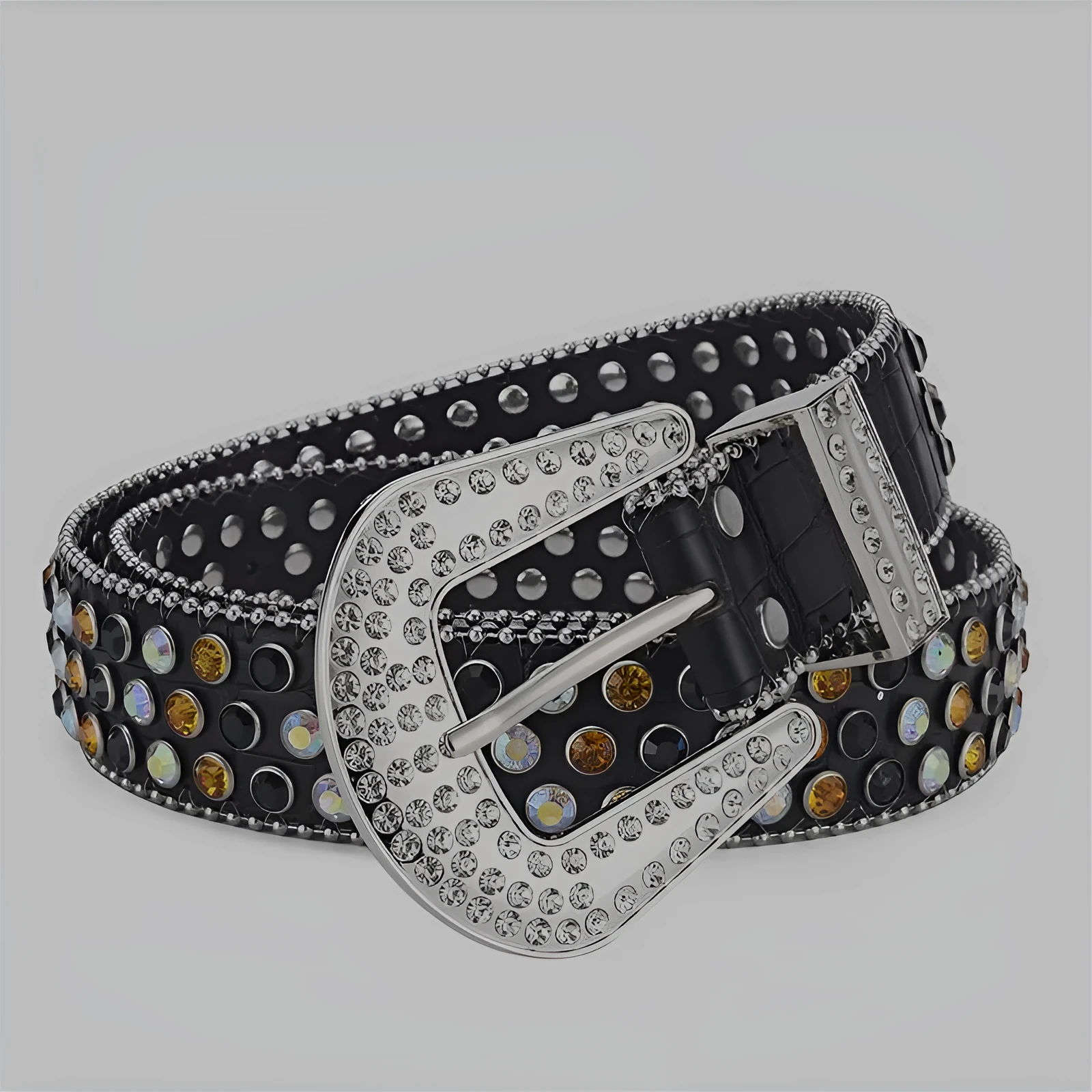 Alloy belt with punk rock rivet and rhinestone detailing on imitation leather strap