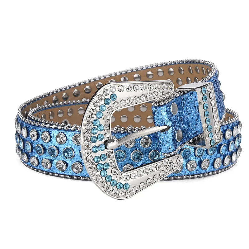 Alloy belt with punk rock rivet and rhinestone detailing on imitation leather strap