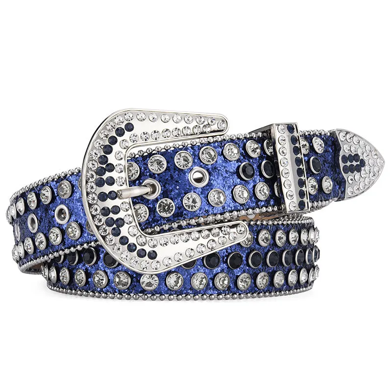 Alloy belt with punk rock rivet and rhinestone detailing on imitation leather strap