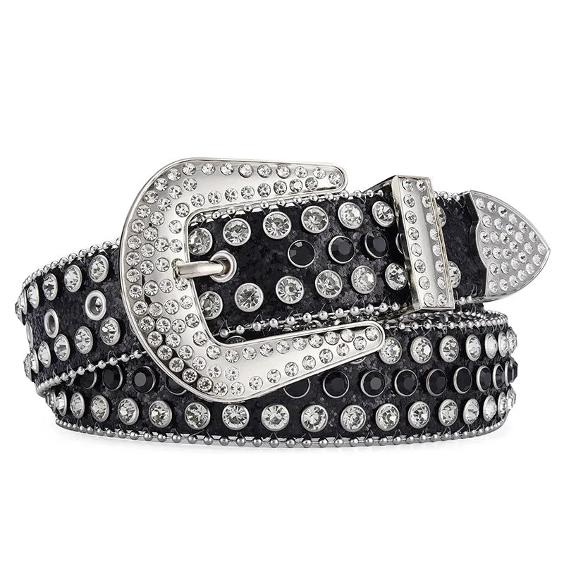 Alloy belt with punk rock rivet and rhinestone detailing on imitation leather strap