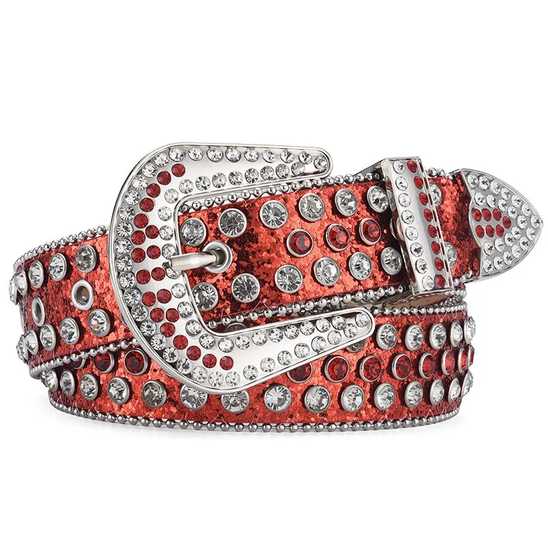 Alloy belt with punk rock rivet and rhinestone detailing on imitation leather strap