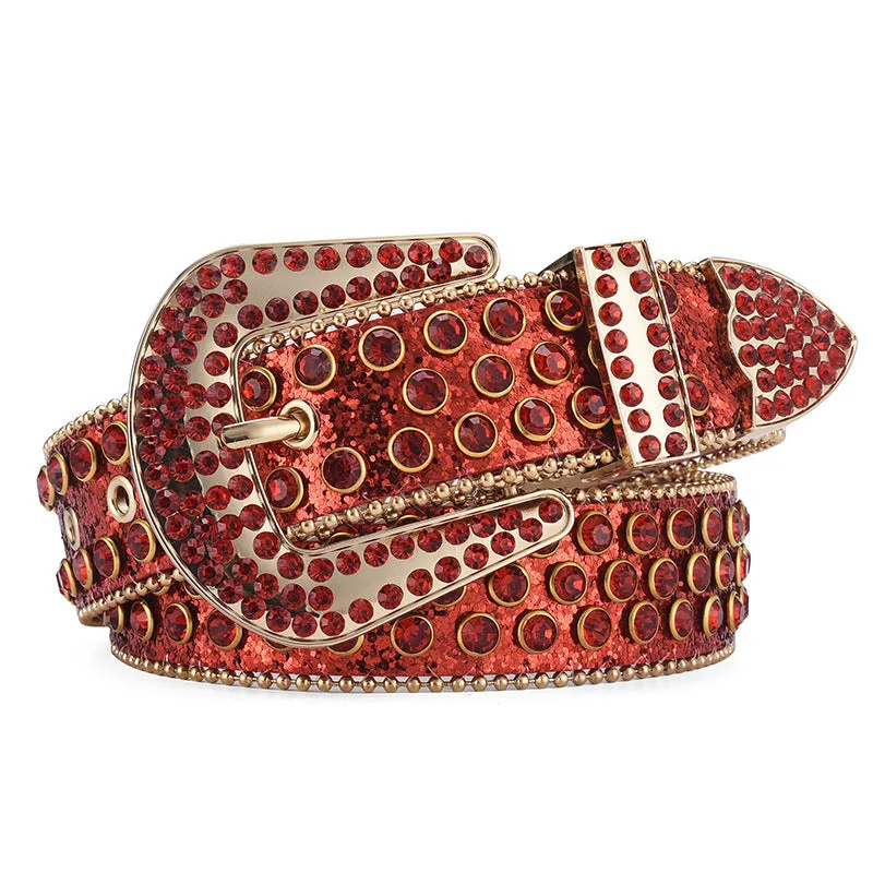Alloy belt with punk rock rivet and rhinestone detailing on imitation leather strap