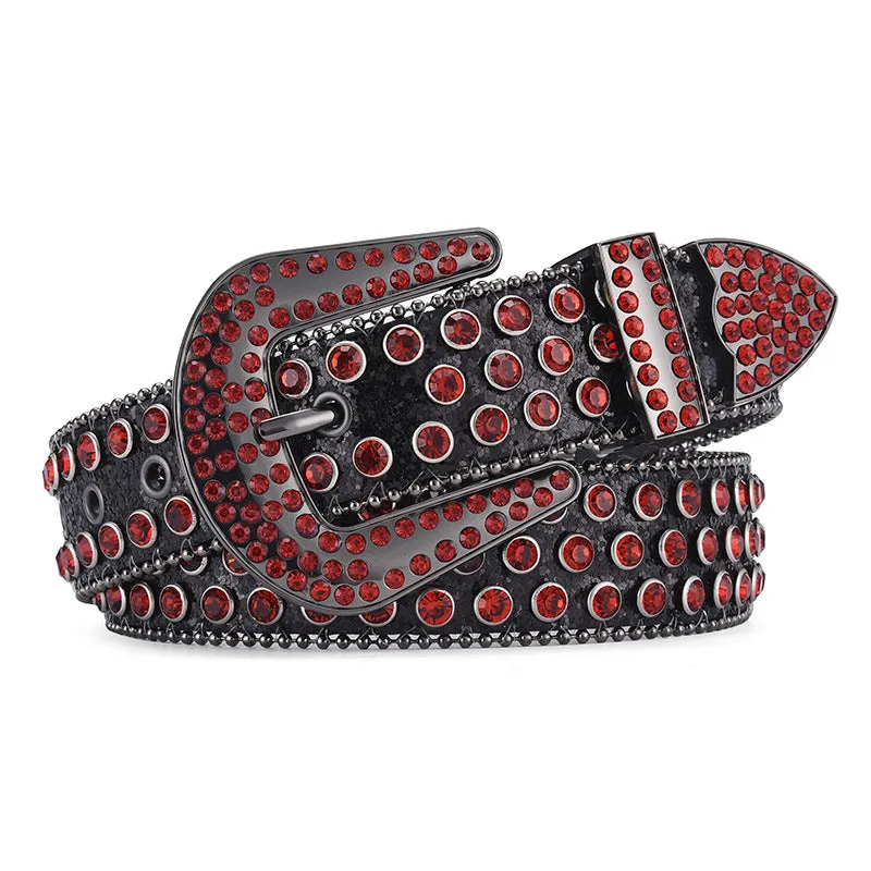Alloy belt with punk rock rivet and rhinestone detailing on imitation leather strap