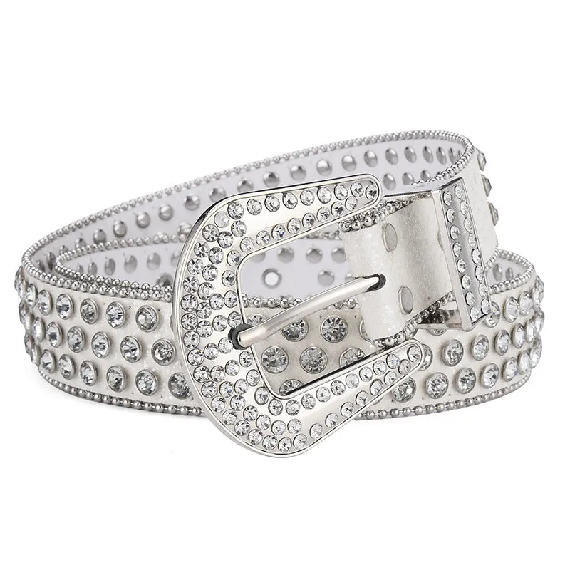 Alloy belt with punk rock rivet and rhinestone detailing on imitation leather strap