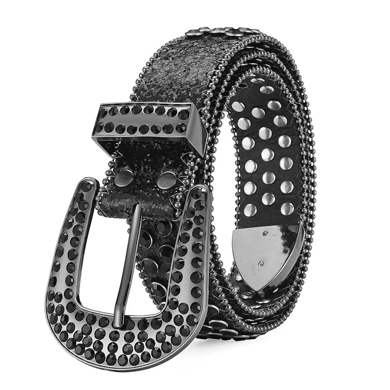 Alloy belt with punk rock rivet and rhinestone detailing on imitation leather strap