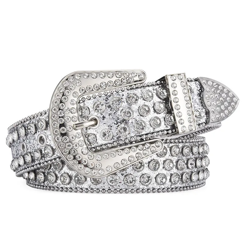 Alloy belt with punk rock rivet and rhinestone detailing on imitation leather strap