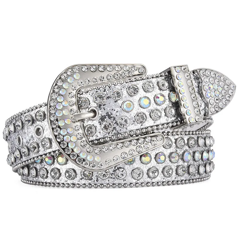 Alloy belt with punk rock rivet and rhinestone detailing on imitation leather strap