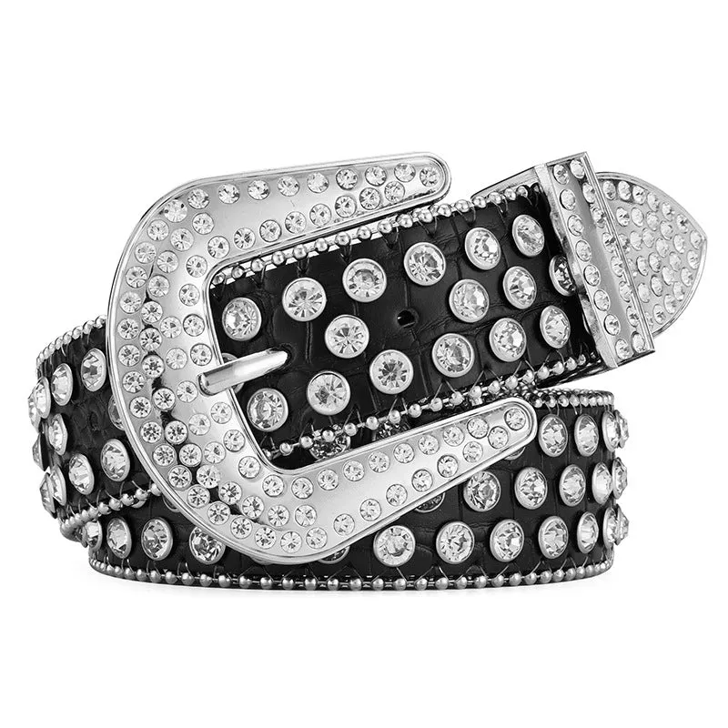 Alloy belt with punk rock rivet and rhinestone detailing on imitation leather strap