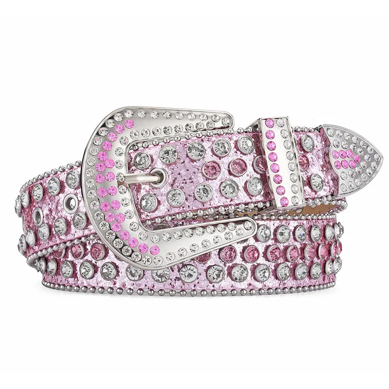 Alloy belt with punk rock rivet and rhinestone detailing on imitation leather strap