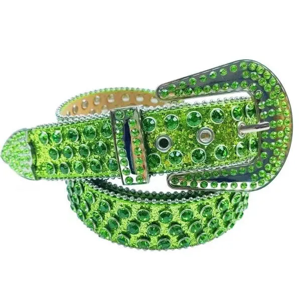 Alloy belt with punk rock rivet and rhinestone detailing on imitation leather strap