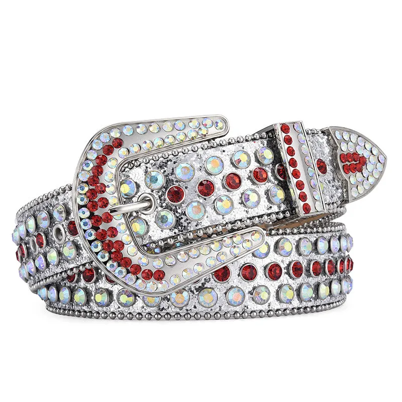 Alloy belt with punk rock rivet and rhinestone detailing on imitation leather strap