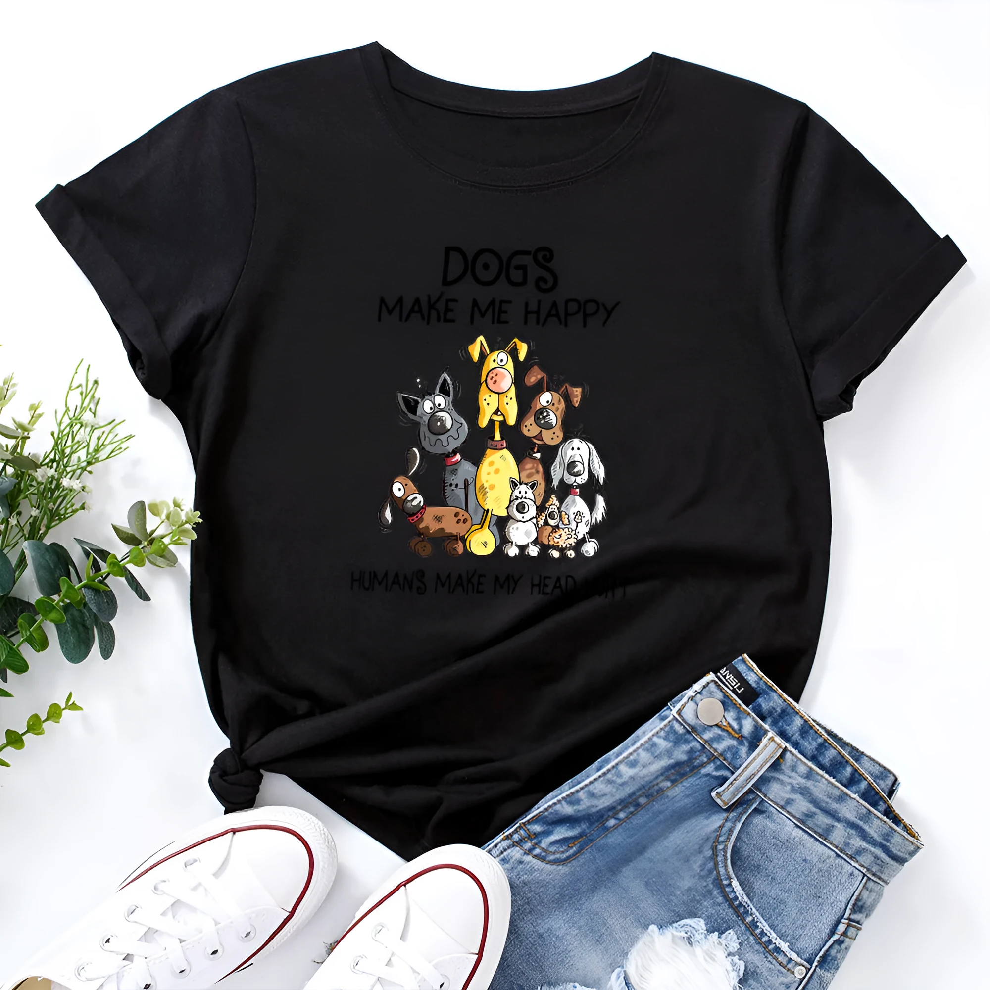 Unisex loose-fit cotton milk shred letter print short sleeve T-shirt in black front view