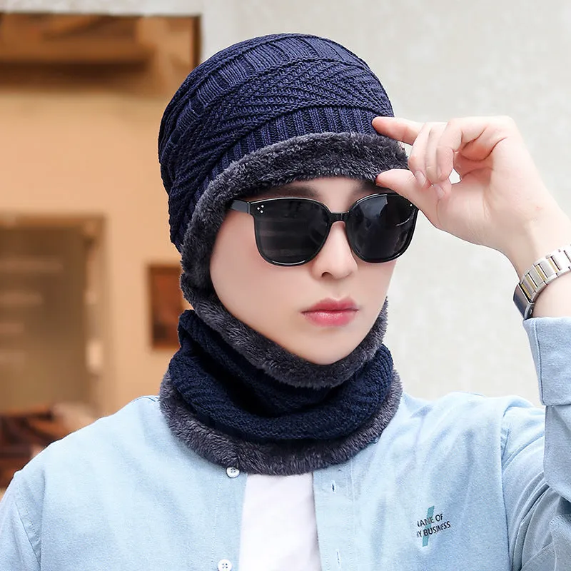 Wool knitted balaclava winter hat in navy blue, one size, unisex design with neck protection