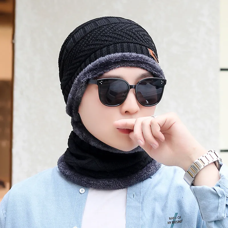 Wool knitted balaclava winter hat in navy blue, one size, unisex design with neck protection