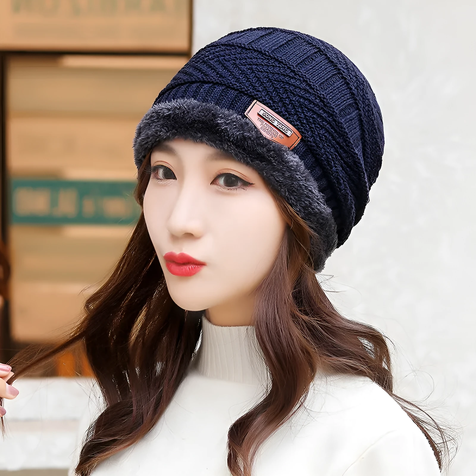 Wool knitted balaclava winter hat in navy blue, one size, unisex design with neck protection